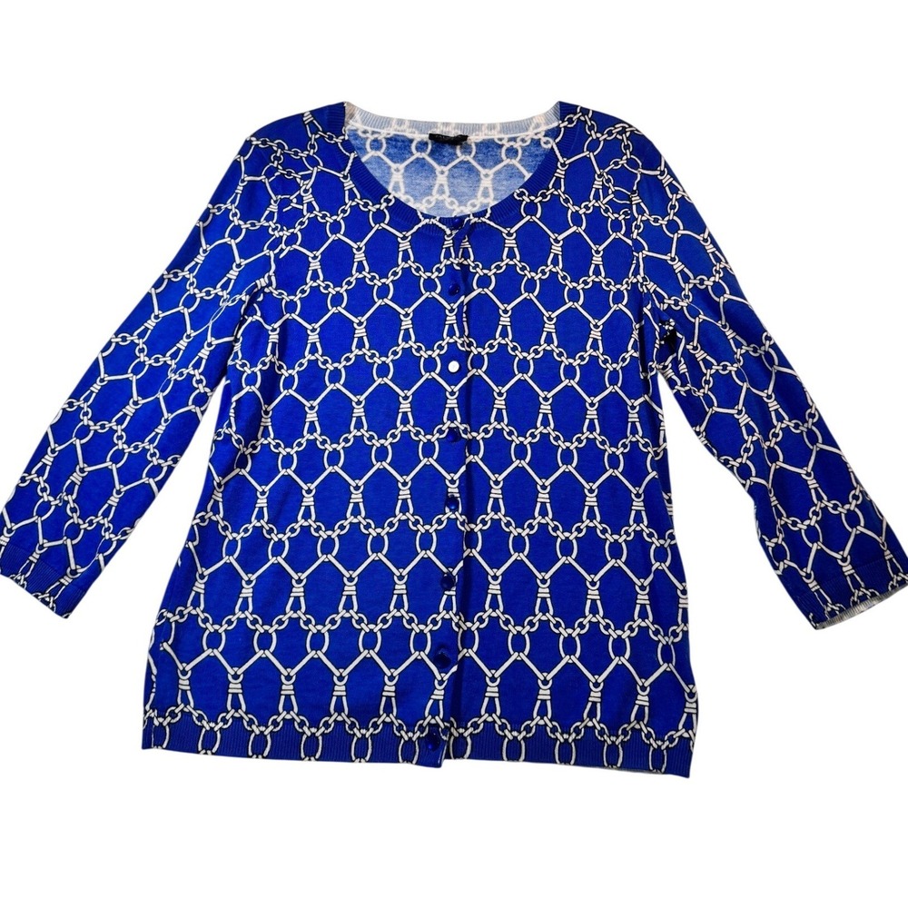 Talbots Womens Blue White Chain Print Cardigan Sweater M nautical preppy classic